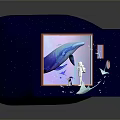 Cartoon Scene With Blue Starry Box Orange Frame Whale Astronaut White Creatures