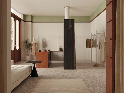 Modern Clothing Store Interior With Open Layout Clothes Racks Mannequins Sofa Plant And Green White Walls 3d model