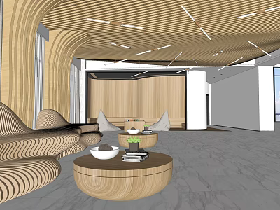 Modern Lounge Area With Curved Wooden Sofas Round Coffee Tables And Ceiling Lines 3d model