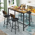 Rustic Wooden Dining Table Set with Bar Stools Fruits and Flower Arrangement in Bright Room