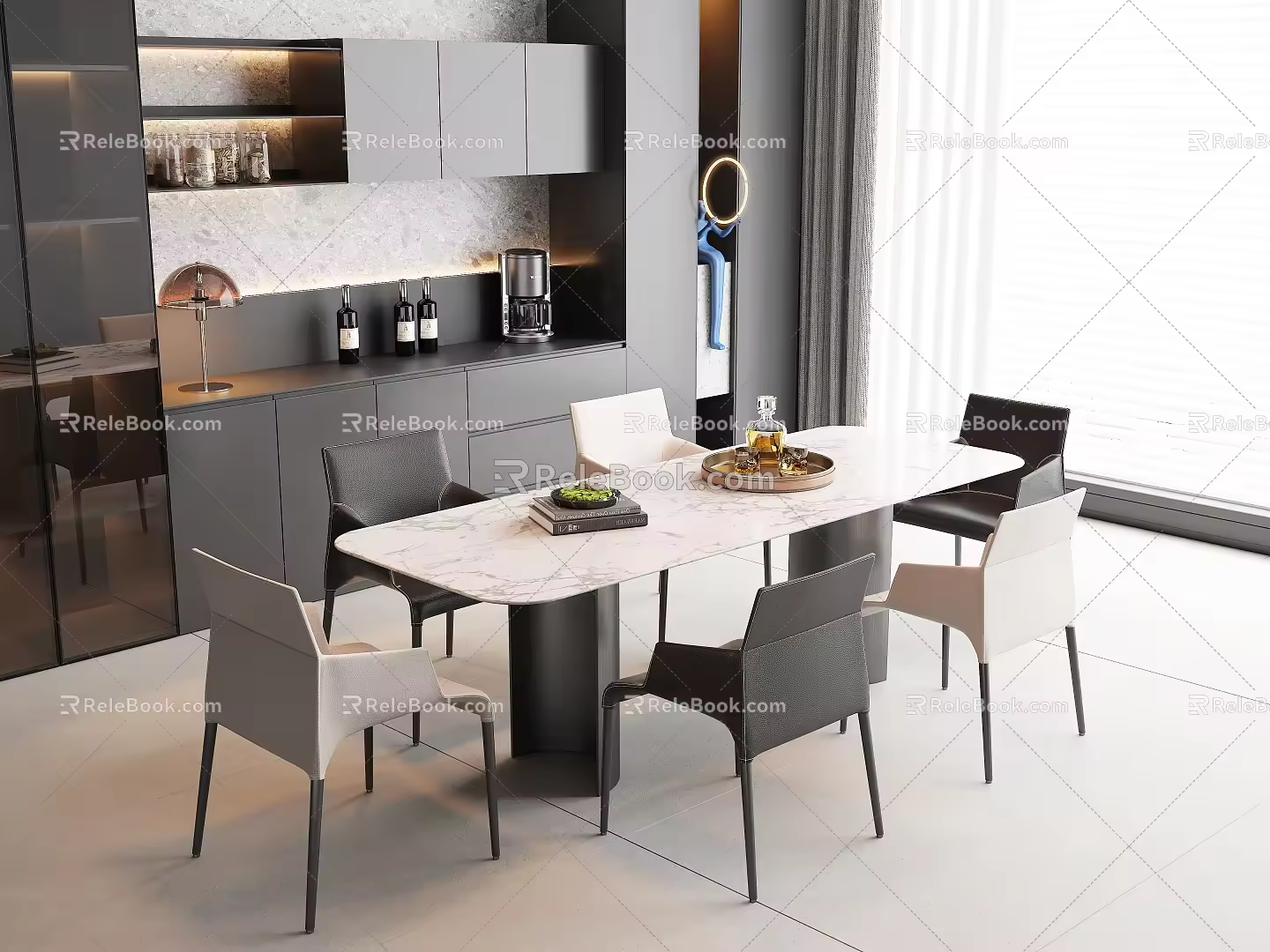 Modern Dining Table and Chair Combination Rectangular Dining Table and Chair Marble Dining Table Leather Dining Chair Sideboard 3d model