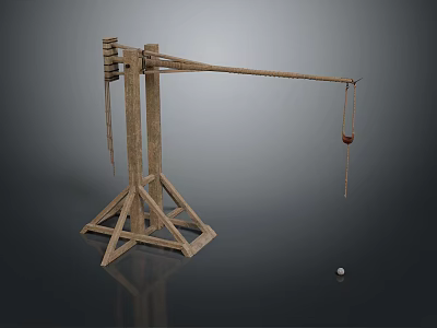 Wooden Ancient Mechanical Catapult With Tripod Base Long Arm And Sling 3d model