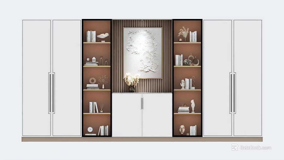 Modern Bookcase Interior With Decorative Painting Books Vase And White Cabinets 3d model 