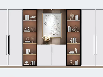 Modern Bookcase Interior With Decorative Painting Books Vase And White Cabinets 3d model