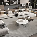 Modern Sofa and Coffee Table Set with Beige Upholstery Marble Top and Wooden Bookshelf