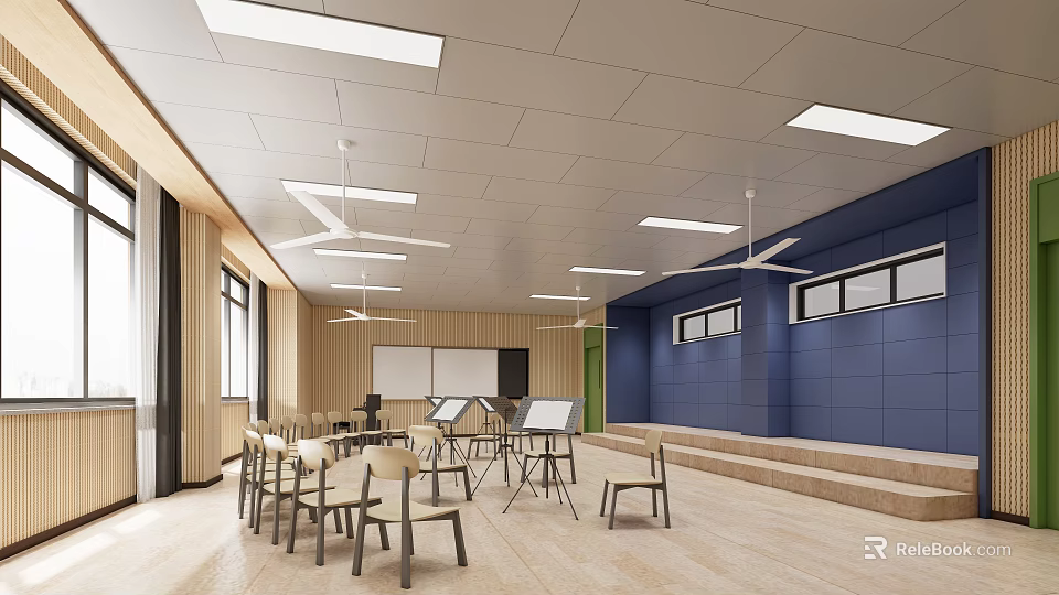 Modern Book Art Classroom Interior With Wooden Walls Blue Accents And Tables 3d model 