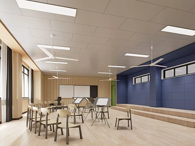 Modern Book Art Classroom Interior With Wooden Walls Blue Accents And Tables 3d model