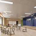 Modern Book Art Classroom Interior With Wooden Walls Blue Accents And Tables