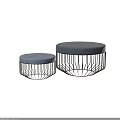 Modern Round Sofa Stools With Gray Cushioned Seats Black Metal Wireframe Two Different Sizes 3d model