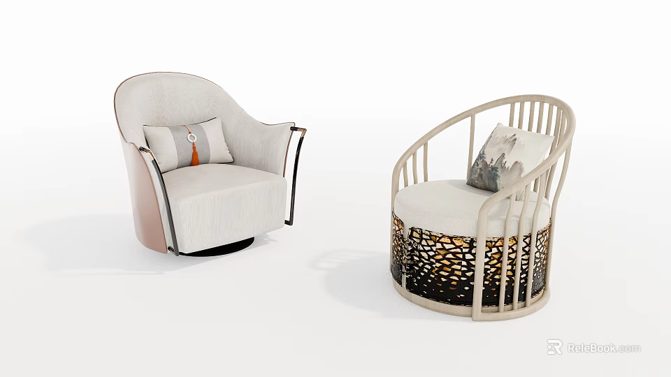 Modern And Carved Frame Single Sofas With Light Upholstery And Decorative Cushions 3d model