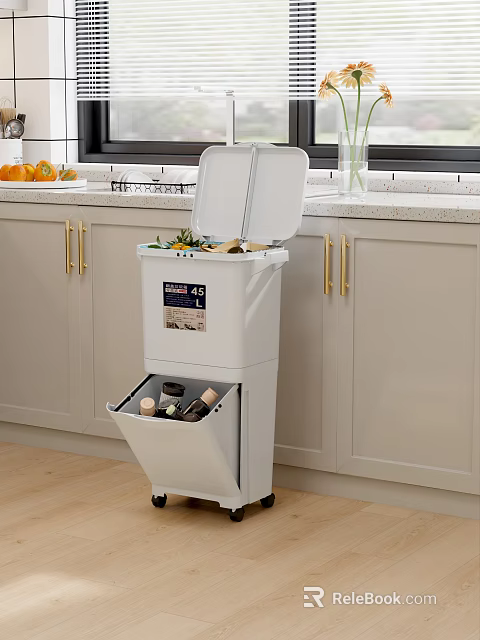 Kitchen Rubbish Bin With Separate Compartments Light Cabinet And Countertop 3d model 