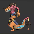 Colorful Fantasy Game Character With Horns Pink Scarf Wings And Decorative Belt