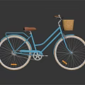 Classic Blue Bicycle With Brown Seat Wicker Front Basket And White Rims