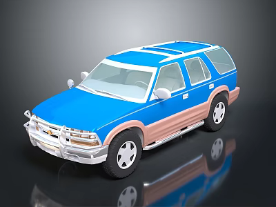 Blue and Brown SUV Toy Model with White Roof Rack and Wheels 3d model