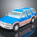 Blue and Brown SUV Toy Model with White Roof Rack and Wheels