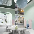 Playroom Interior Design With Green Pink Walls Arched Doorways Hanging Spherical Lamps And Plants