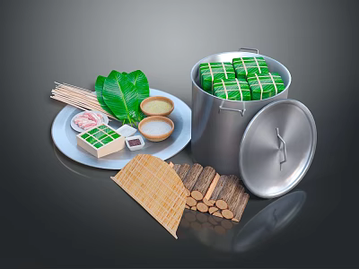 Green Wrapped Traditional Rice Dumplings With Metal Bucket Leaves Sauce Bamboo Sticks Mat And Firewood 3d model