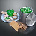 Green Wrapped Traditional Rice Dumplings With Metal Bucket Leaves Sauce Bamboo Sticks Mat And Firewood