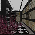Elegant Tile Showroom Interior With Black White Checkered Floor And Gold Patterned Walls 3d model