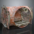 Rusted Metal Pipe Structure With Circular Opening And Internal Metal Grilles