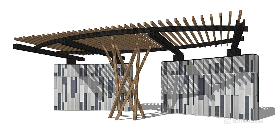 Modern Wooden Pergola With Slatted Roof And Crossed Support Posts By Patterned Wall 3d model 