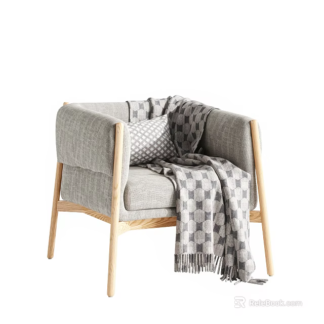 Gray Fabric Upholstered Accent Chair with Wooden Frame Checkered Throw Blanket and Cushion 3d model 