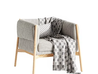 Gray Fabric Upholstered Accent Chair with Wooden Frame Checkered Throw Blanket and Cushion 3d model
