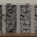 Stone Textured Background Wall with White Pillars Ceiling Light Strips and Palm Plant Wooden Floor