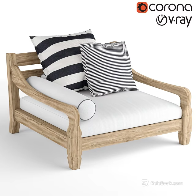 Natural Wooden Frame Leisure Chair With White Cushion And Striped Pillows 3d model 