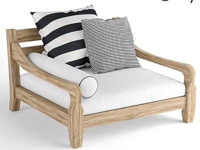 Natural Wooden Frame Leisure Chair With White Cushion And Striped Pillows 3d model