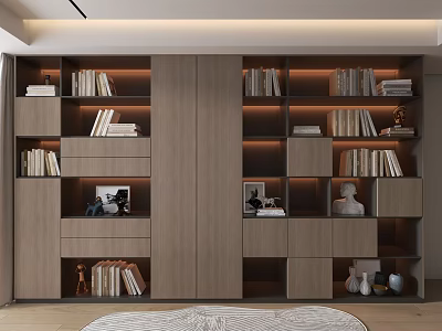 Modern Wooden Bookshelf With Built In Design Warm Lighting And Storage Compartments 3d model