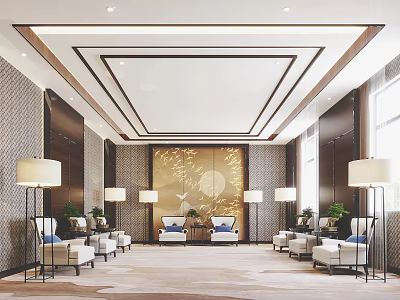 Hotel Public Lounge Area With Wooden Walls Geometric Ceiling Floor Lamps And Blue Cushion Sofas 3d model