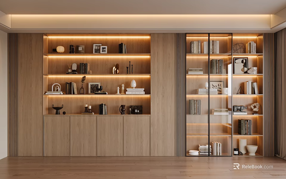 Modern Wooden Bookcase Design With Illuminated Shelves And Decorative Items 3d model 