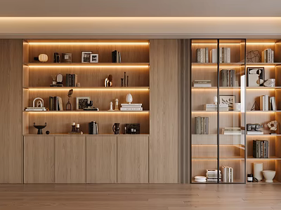 Modern Wooden Bookcase Design With Illuminated Shelves And Decorative Items 3d model
