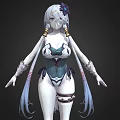 Game Movie Character With Silver White Long Hair Blue White Outfit And Elegant High Heels