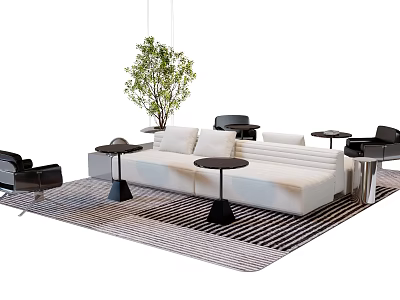 Modern Sofa And Coffee Table Set With White Upholstery Black Tables Armchairs And Striped Rug 3d model