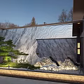 Modern Courtyard Garden With Marble Wall Pine Tree Rocks Lattice Windows And Lighting