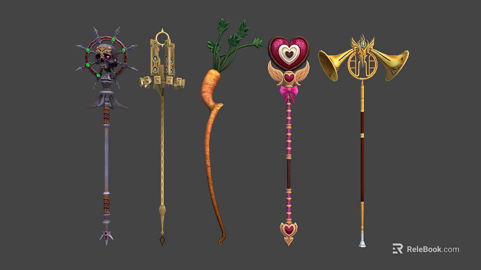 Unique Fantasy Staff Weapons Featuring Heart Carrot Horn And Decorative Details 3d model 