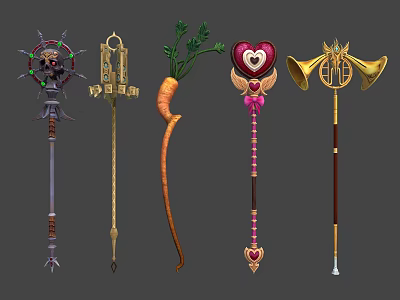 Unique Fantasy Staff Weapons Featuring Heart Carrot Horn And Decorative Details 3d model