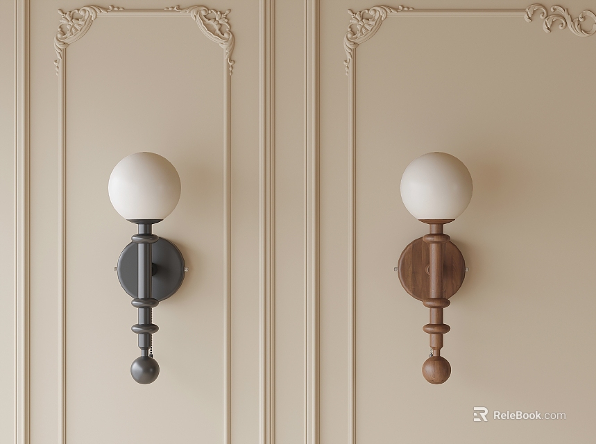 White Globe Shade Wall Lamps With Black And Wooden Bases On Decorative Walls 3d model 