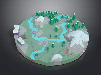 3D Scenic Landscape With Green Trees Blue Rivers And Snowy Mountains 3d model