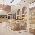 Modern Minimalist Dessert Shop Interior With Glass Display Case Wooden Shelves And Pendant Lighting