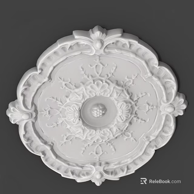Decorative White Ceiling Medallion With Ornate Floral Carvings And Central Round Detail 3d model 