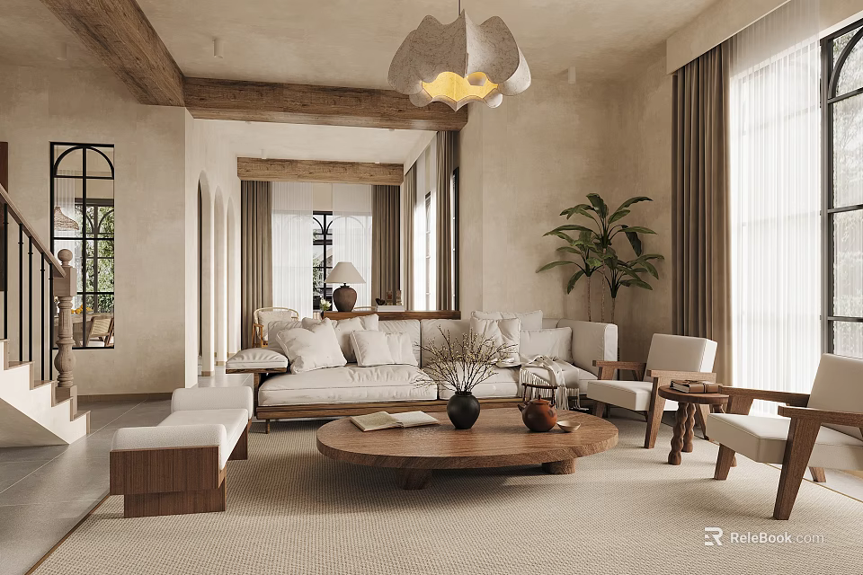 Warm Natural Living Dining Room With Wooden Furniture Beige Sofa And Potted Plant 3d model 