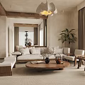 Warm Natural Living Dining Room With Wooden Furniture Beige Sofa And Potted Plant