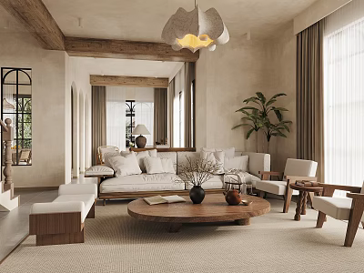 Warm Natural Living Dining Room With Wooden Furniture Beige Sofa And Potted Plant 3d model