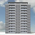 Modern Residential Building Exterior With Balconies Greenery Lawn And People Strolling