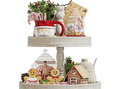Christmas Decorative Ornament Set with Two Tiered Stand Gingerbread Man Candy Jar Mini House Candy Cane 3d model