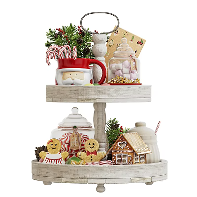 Christmas Decorative Ornament Set with Two Tiered Stand Gingerbread Man Candy Jar Mini House Candy Cane 3d model