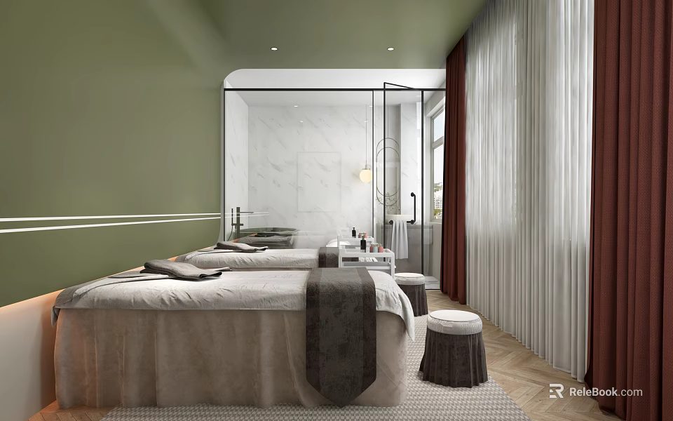 Serene SPA Interior Design Featuring Green Walls White Marble Massage Beds Towels And Stools 3d model 